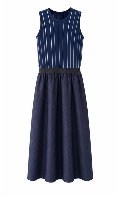 Lacivert Çizgili Çift Parça Görünümlü & Denim Midi Elbise