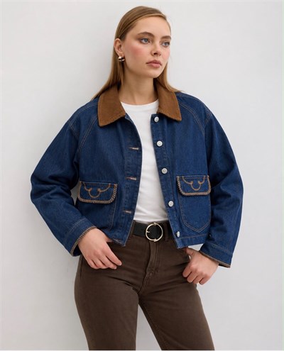 Mavi Kadife Yakalı Nakışlı Cep Detaylı & Premium Denim Kot Ceket