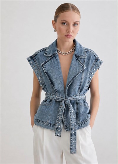 Mavi Kuşaklı Kruvaze & Premium Denim Kot Yelek 