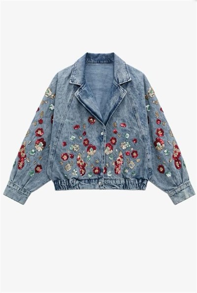 Mavi Pullu Çiçek İşlemeli Denim Ceket