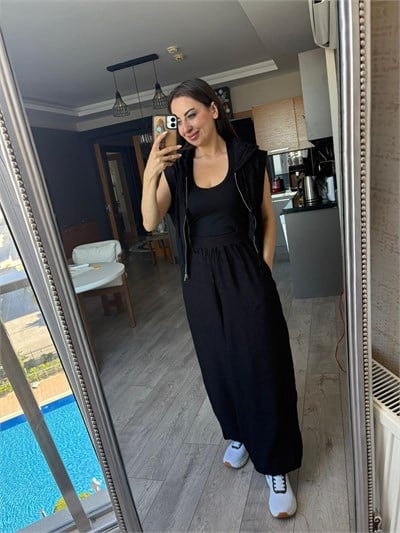 Siyah Kapüşonlu Önden Fermuarlı İkili Takım