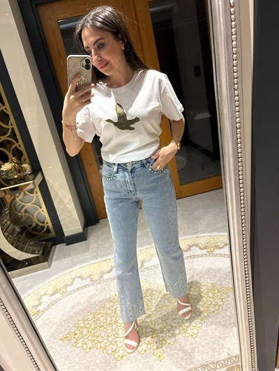 Taşlı Mom Fit Kot Pantolon