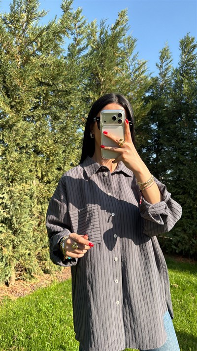 ÇİZGİLİ OVERSIZE GÖMLEK GRİ