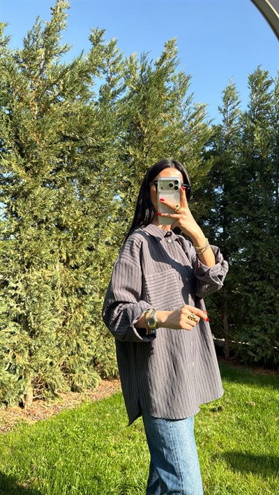 ÇİZGİLİ OVERSIZE GÖMLEK GRİ