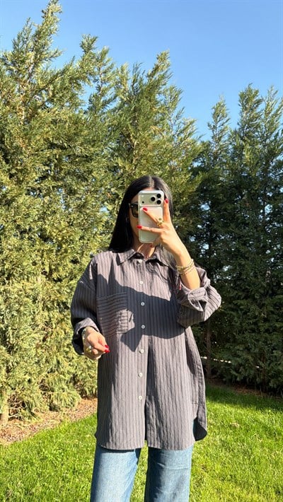 ÇİZGİLİ OVERSIZE GÖMLEK GRİ