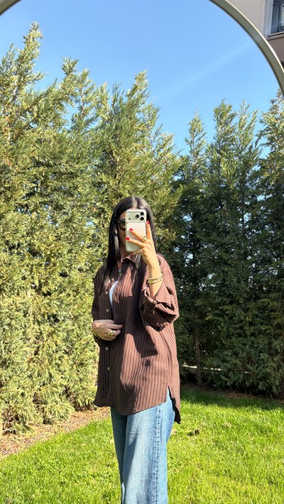 ÇİZGİLİ OVERSIZE GÖMLEK KAHVERENGİ