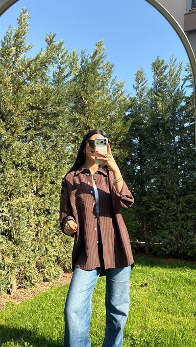 ÇİZGİLİ OVERSIZE GÖMLEK KAHVERENGİ