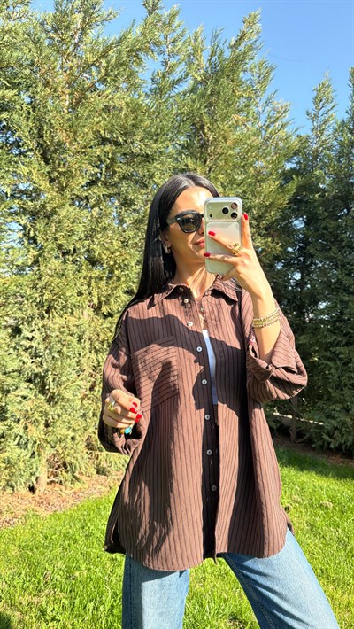 ÇİZGİLİ OVERSIZE GÖMLEK KAHVERENGİ