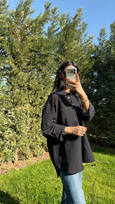 ÇİZGİLİ OVERSIZE GÖMLEK SİYAH
