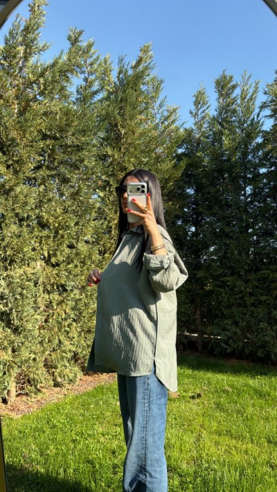 ÇİZGİLİ OVERSIZE GÖMLEK SU YEŞİLİ