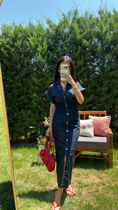 LACİ DENIM DRAPELİ ELBİSE
