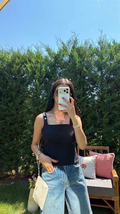 SİYAH ÇIT ÇIT ASKILI CROP