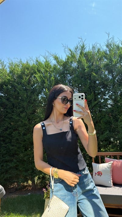 SİYAH ÇIT ÇIT ASKILI CROP