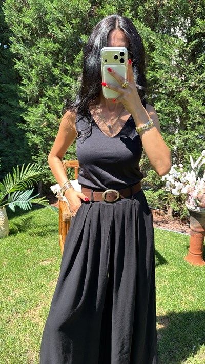 SİYAH KEMERLİ ETEKLİ PANTOLON