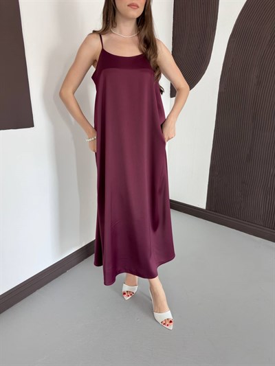 Askılı Uzun Saten Elbise Bordo
