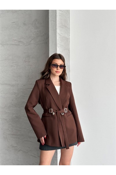 Çift Toka Detaylı Kuşaklı Blazer Ceket