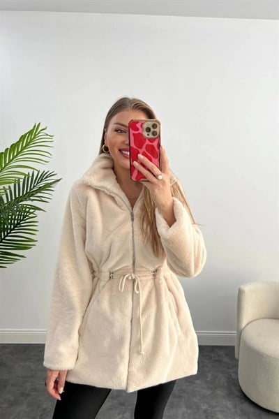 Kadın Beli Ipli Ipek Kürklü Hafif Peluş Kısa Kaban Mont Krem