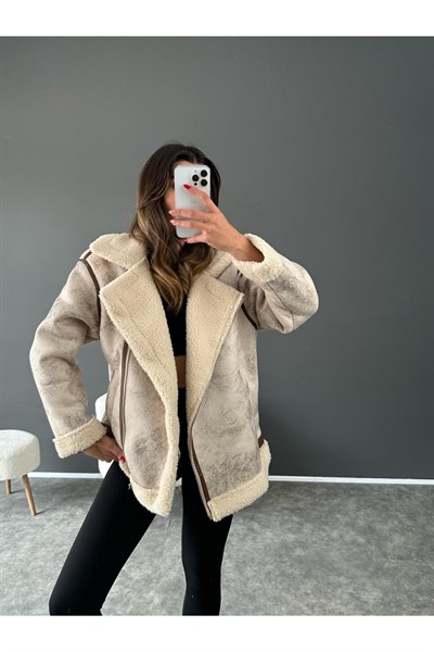 Kadın Içi Peluş Kürklü Oversize Kalıp Desenli Krem Nubuk Deri Mont