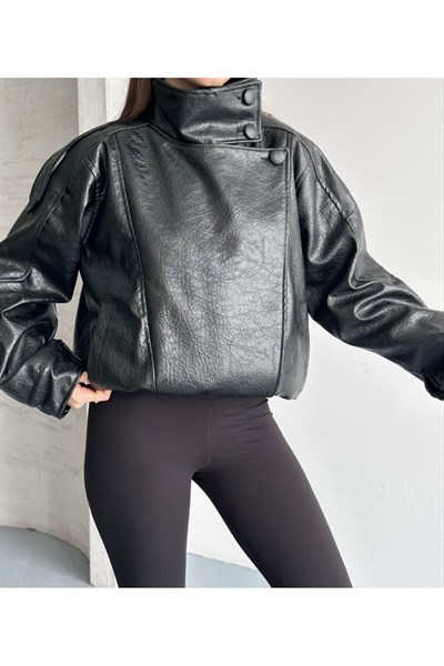 ZR Viral Oversize Urban Style Yüksek Yaka Kadın Deri Ceket