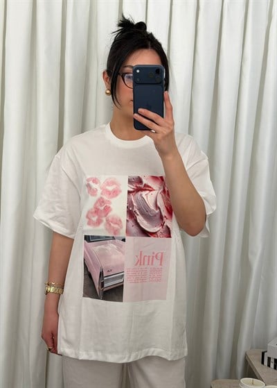 Pembe Baskılı Oversize Tişört