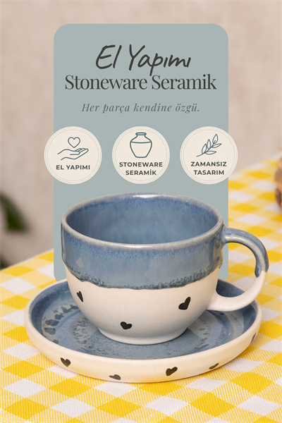 Amor Altlıklı Premium Stoneware Seramik Fincan – El Yapımı Türk Kahvesi ve Espresso Fincanı