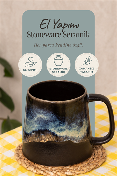 North El Yapımı Stoneware Premium - Mavi/Siyah Kahve & Çay Kupası