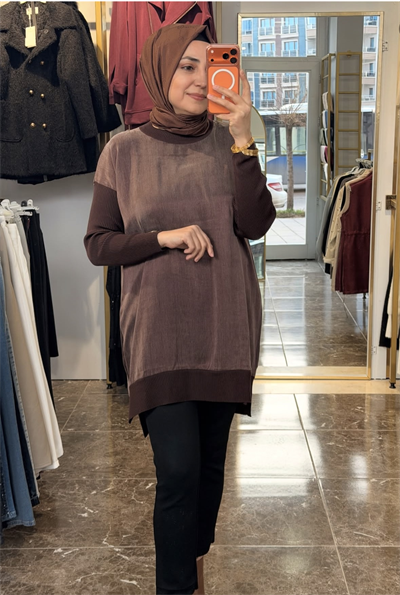287 Kolları Ribanalı Düz Cupra Tunik | Kahverengi