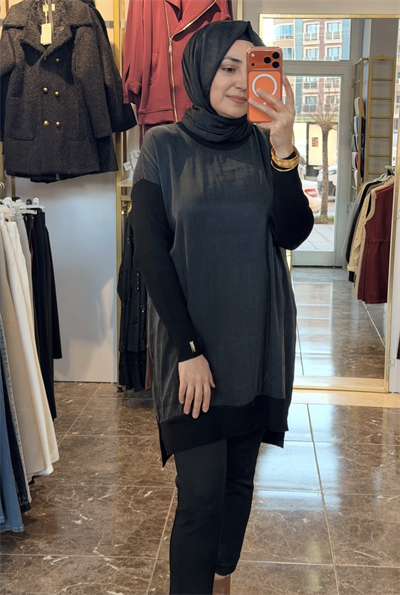 287 Kolları Ribanalı Düz Cupra Tunik | Siyah