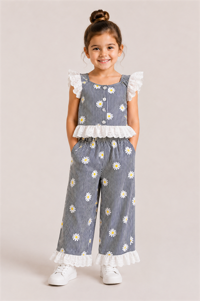 Kız Çocuk Papatya Desenli Çizgili Takım Dantel Detaylı Crop Bluz ve Bol Paça Pantolon 1-5 Yaş