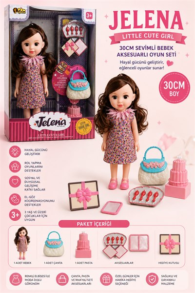 Aksesuarlı Kız Oyuncak Bebek 30 CM – Jelena Moda Bebek Seti