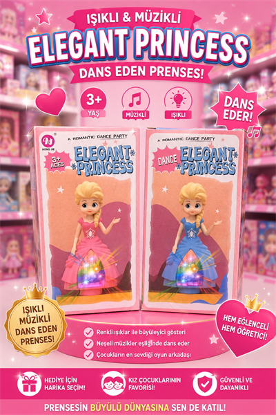 Elegant Princess Işıklı Müzikli Dans Eden Prenses Oyuncak Bebek – Pilli Hareketli 2 Renk Seçeneği (Pembe & Mavi) 3+ Yaş