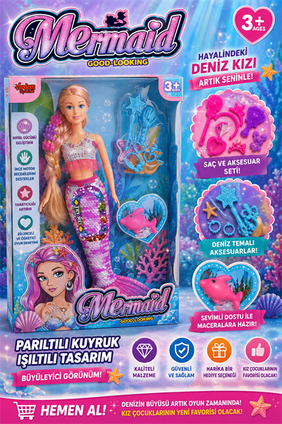 Mermaid Deniz Kızı Oyuncak Bebek Seti Işıltılı Kuyruklu Aksesuarlı