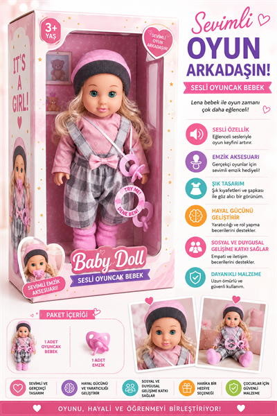 Şapkalı Sesli Oyuncak Bebek – Emzik Aksesuarlı Kız Çocuk Oyuncağı