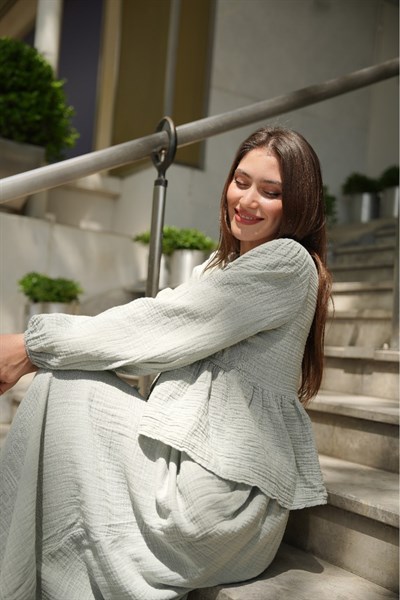 Kadın Bağcık Detaylı Yıkanmış Yumuşak Pamuk Muslin Bluz