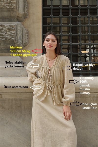 Kadın Bağcık Detaylı Yıkanmış Yumuşak Pamuk Muslin Bluz