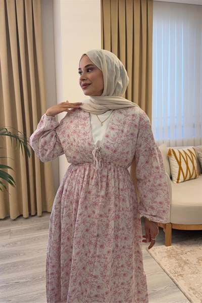 Kadın Büyük Çiçek Baskılı Uzun Pamuk Beyaz Muslin Elbise
