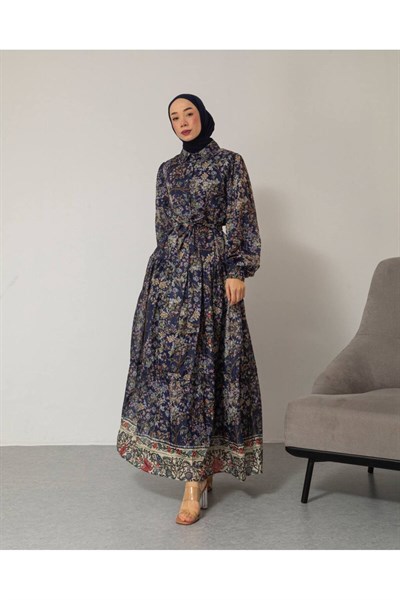 Kadın Çiçek Baskılı Astarlı Pamuklu Vintage Elbise