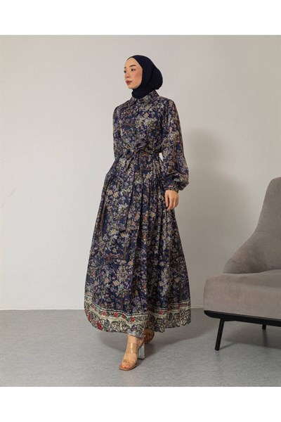 Kadın Çiçek Baskılı Astarlı Pamuklu Vintage Elbise