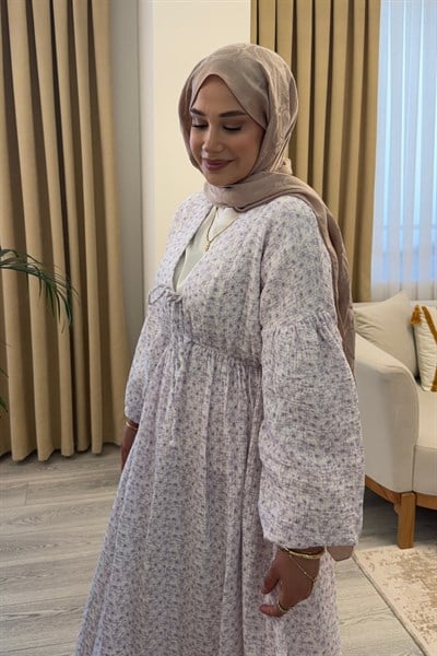 Kadın Çiçek Baskılı Uzun Pamuk Beyaz Muslin Elbise