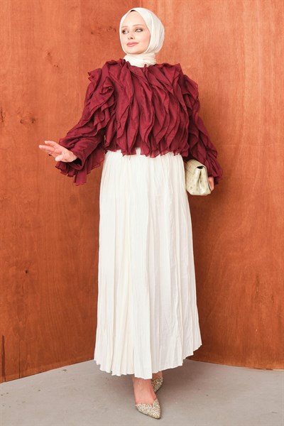 Kadın Fırfırlı Astarlı Yazlık Şifon Saten Bordo Bluz