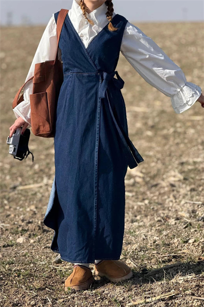Kadın Kalın Askılı Yandan Bağlamalı Denim Kot Salopet Elbise