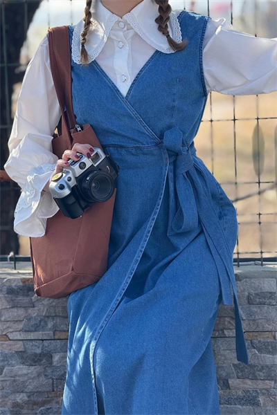 Kadın Kalın Askılı Yandan Bağlamalı Denim Kot Salopet Elbise