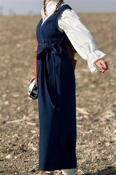 Kadın Kalın Askılı Yandan Bağlamalı Denim Kot Salopet Elbise