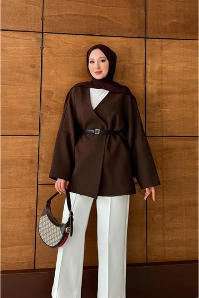 Kadın Kemerli Kimono Astarlı Şık Ceket