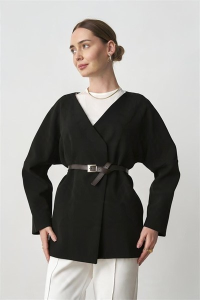 Kadın Kemerli Kimono Astarlı Şık Ceket