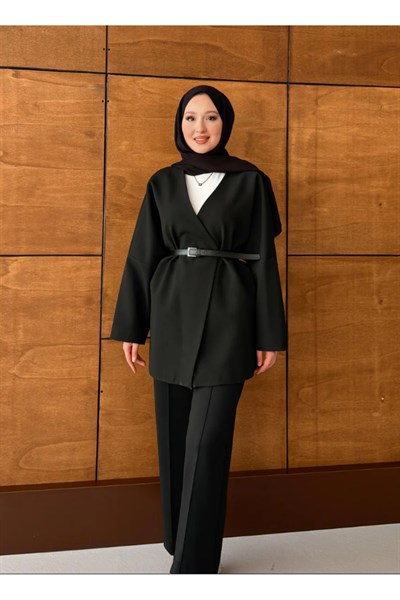 Kadın Kemerli Kimono Astarlı Şık Ceket
