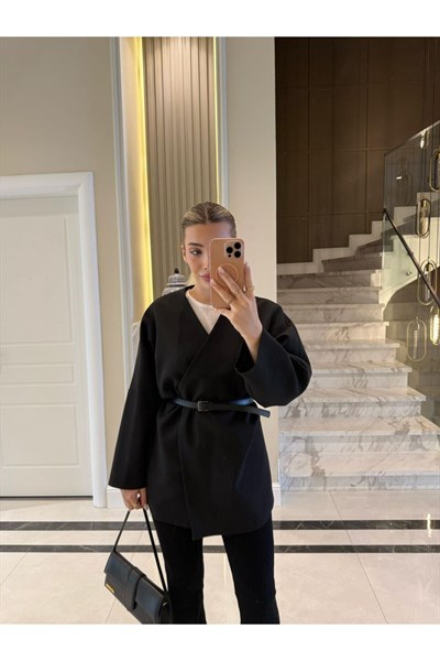 Kadın Kemerli Kimono Astarlı Şık Ceket