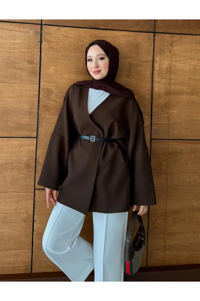 Kadın Kemerli Kimono Astarlı Şık Ceket