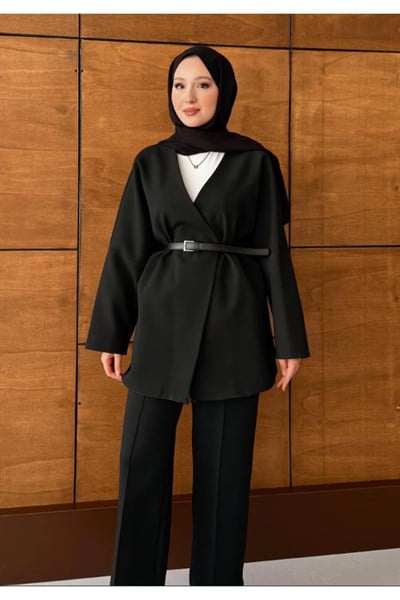 Kadın Kemerli Kimono Astarlı Şık Ceket