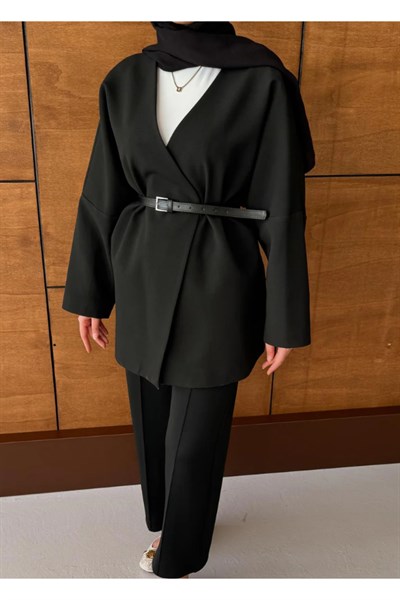 Kadın Kemerli Kimono Astarlı Şık Ceket